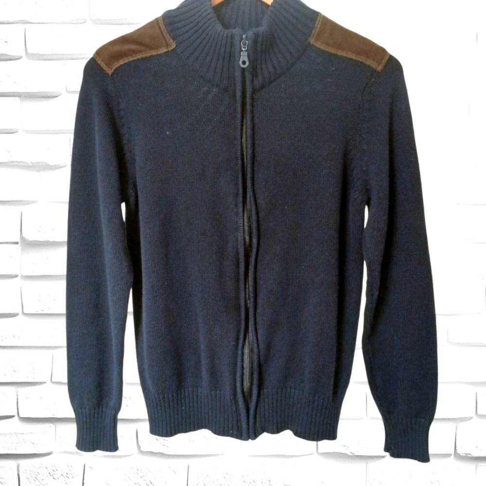 Men's Level Eight Knit Sweater. Size Medium, Full Zip, Shoulder & Elbow Patches